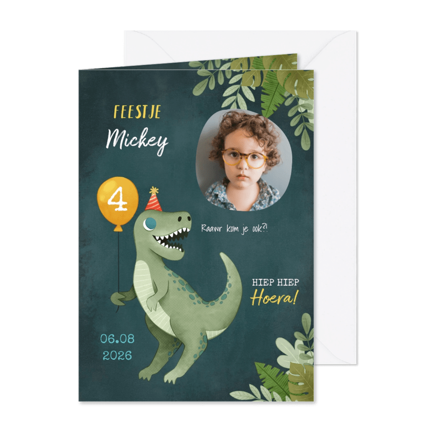 Stoer kinderfeestje kaart dino, ballon, feesthoedje en foto - Kaartimpressie