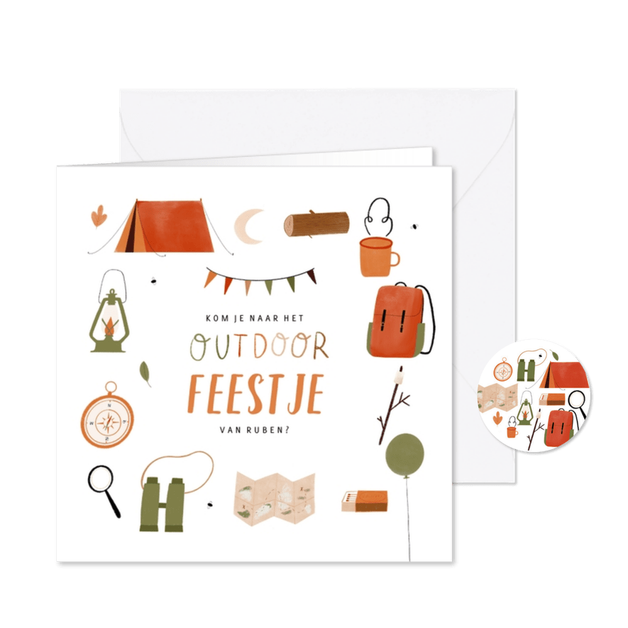 Stoer kinderfeestje outdoor survival kampeer illustratie - Kaartimpressie