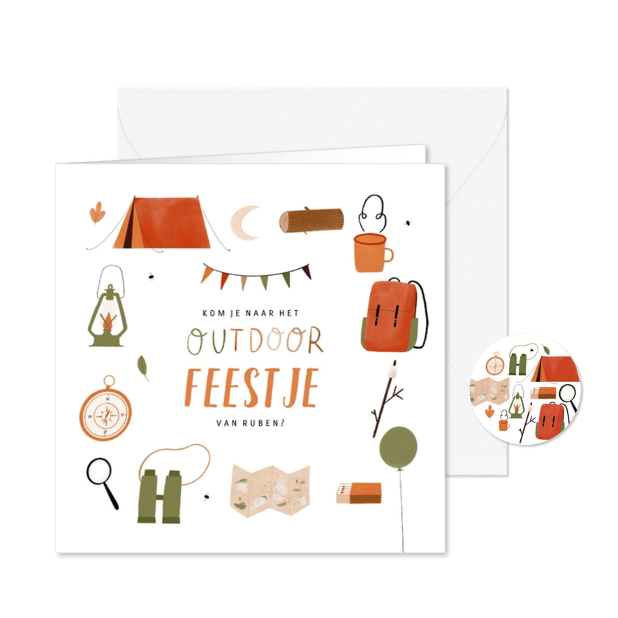 Stoer kinderfeestje outdoor survival kampeer illustratie - Kaartimpressie