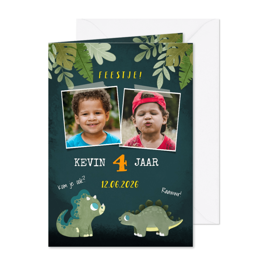Stoer kinderfeestje uitnodiging dino's, jungle en foto's - Kaartimpressie