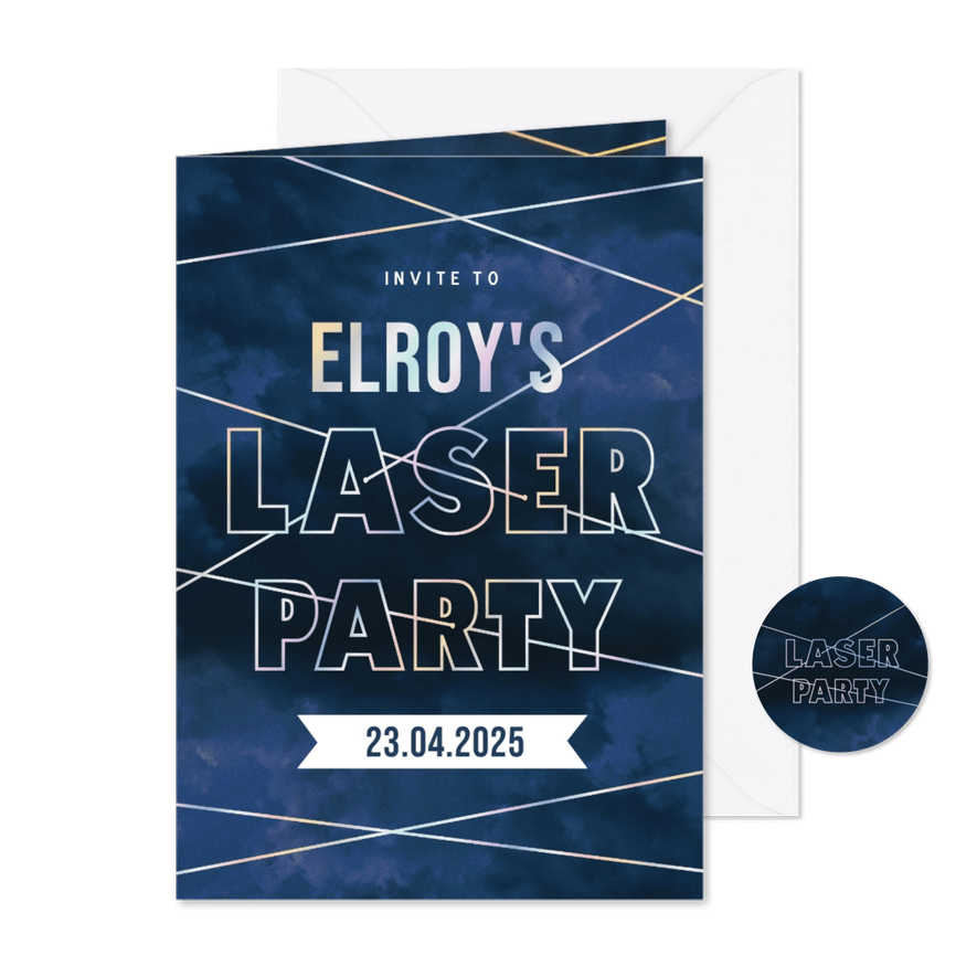 Stoer lasergame uitnodiging feestje met holografische folie - Kaartimpressie