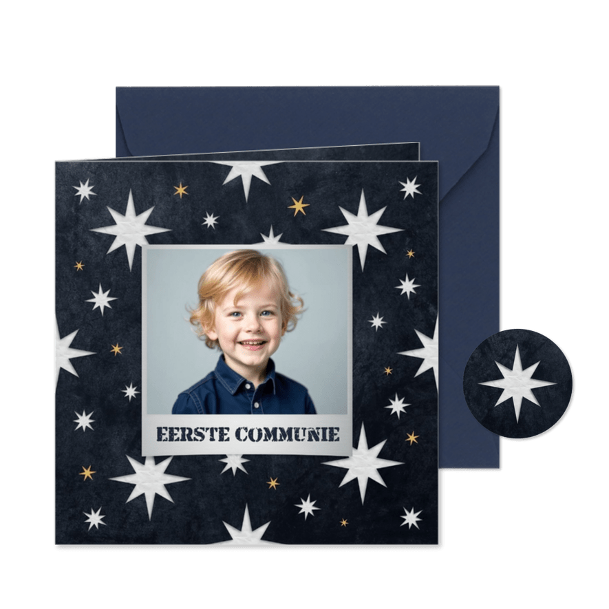 Stoere communiekaart foto sterren grijs blauw jongen - Kaartimpressie