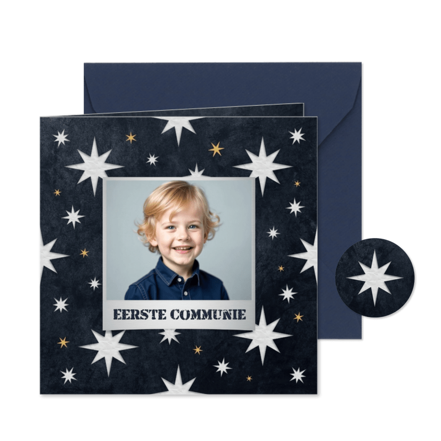 Stoere communiekaart foto sterren grijs blauw jongen - Kaartimpressie