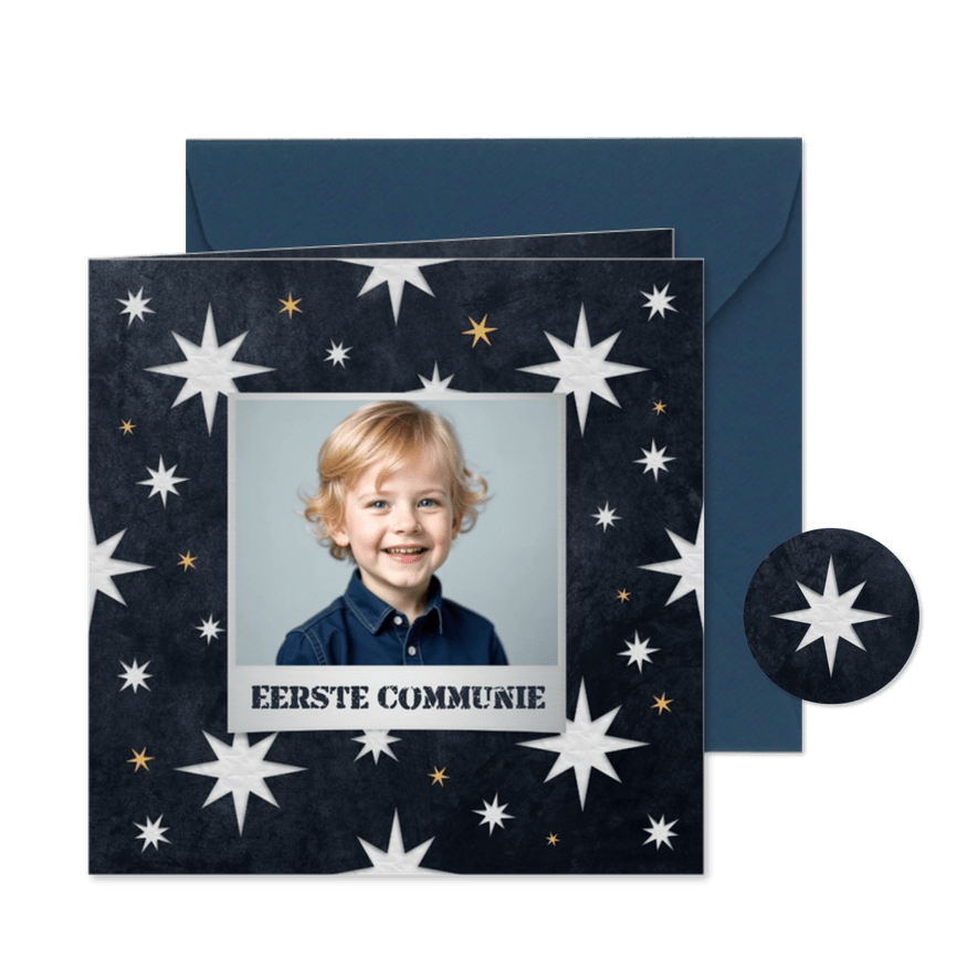 Stoere communiekaart foto sterren grijs blauw jongen - Kaartimpressie