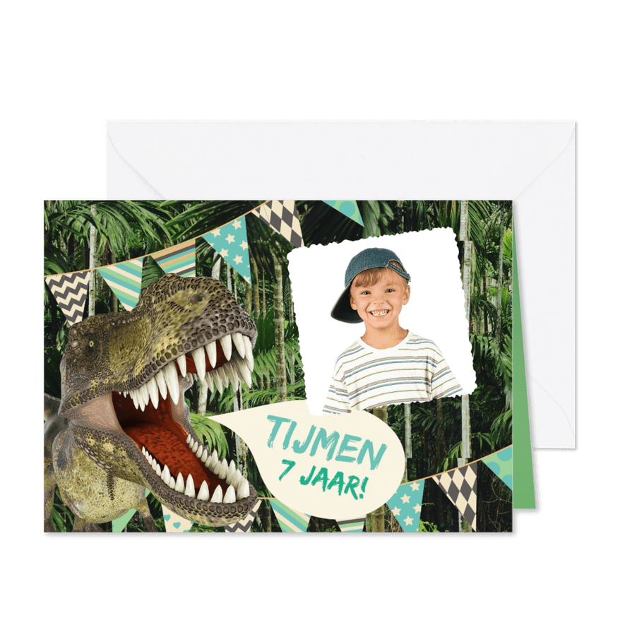 Stoere dino uitnodiging met eigen foto - Kaartimpressie