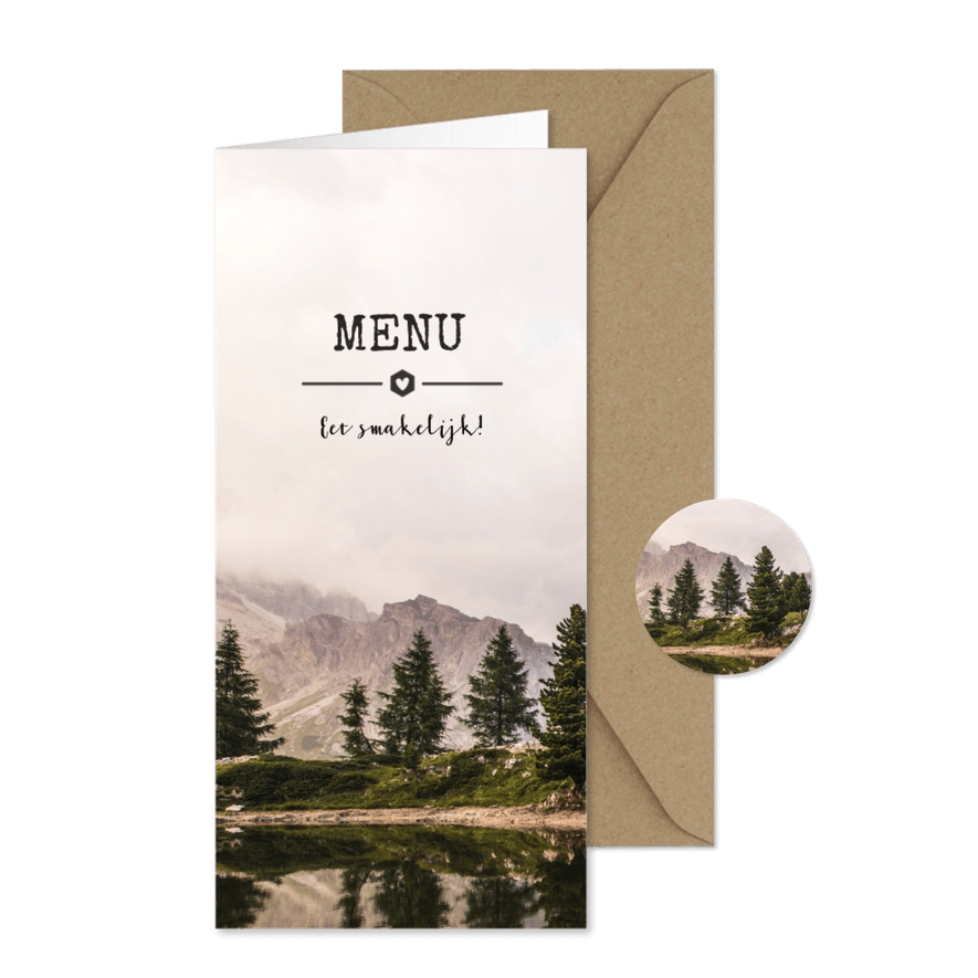 Stoere en originele langwerpige menukaart met berg landschap - Kaartimpressie