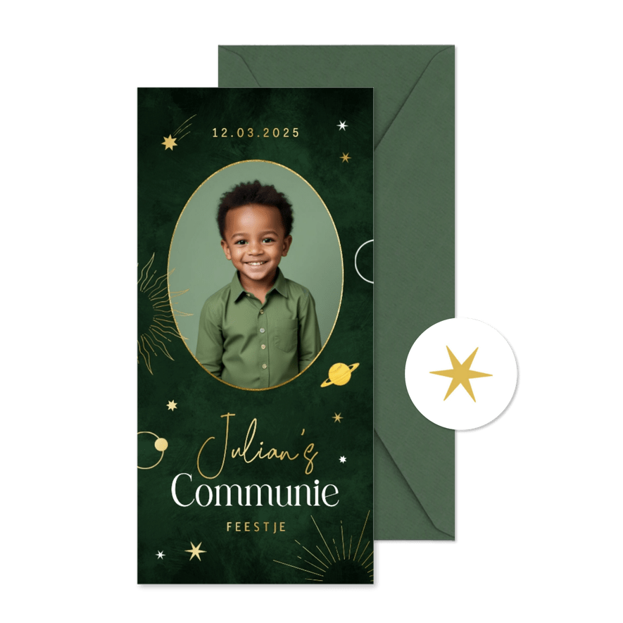 Stoere en stijlvolle communiekaart groen sterren foto - Kaartimpressie