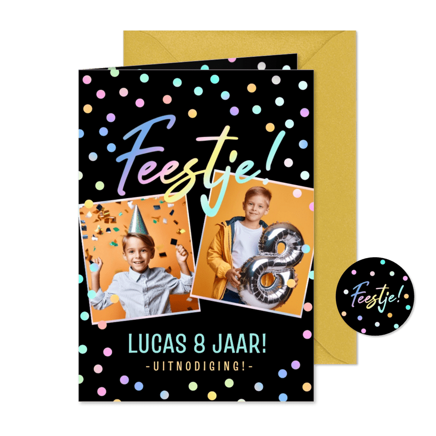 Stoere en vrolijke uitnodiging kinderfeestje jongen  - Kaartimpressie