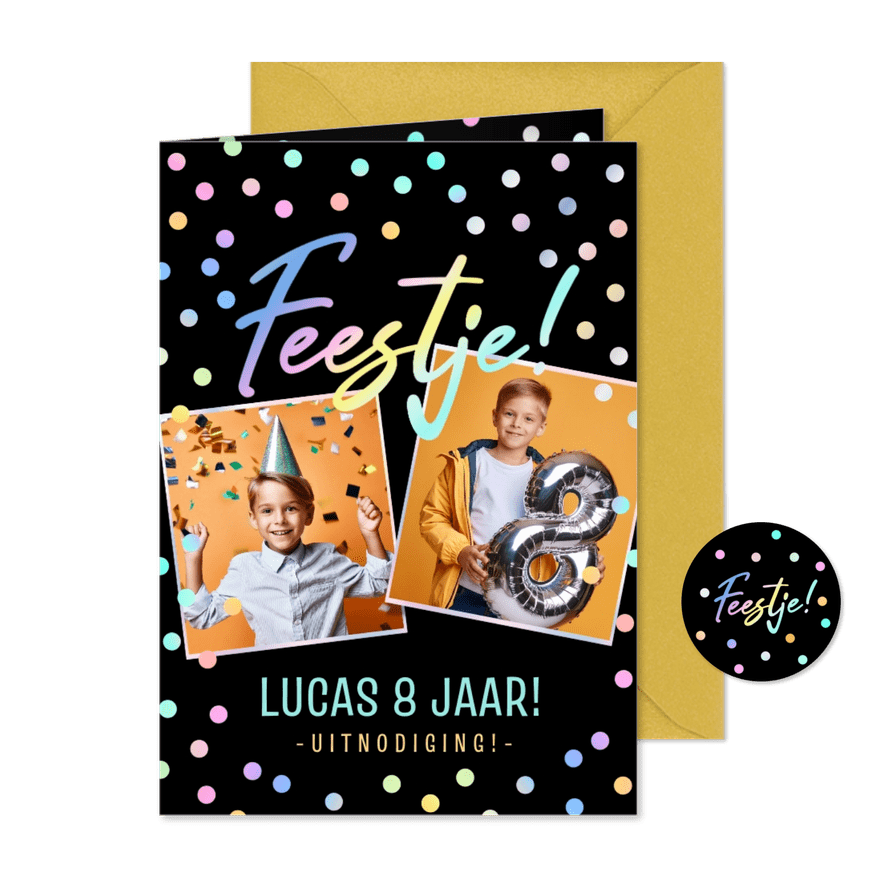 Stoere en vrolijke uitnodiging kinderfeestje jongen - Kaartimpressie