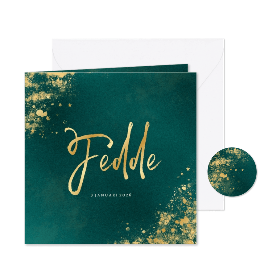 Stoere groene geboortekaartjes met goudfolie sterretjes - Kaartimpressie