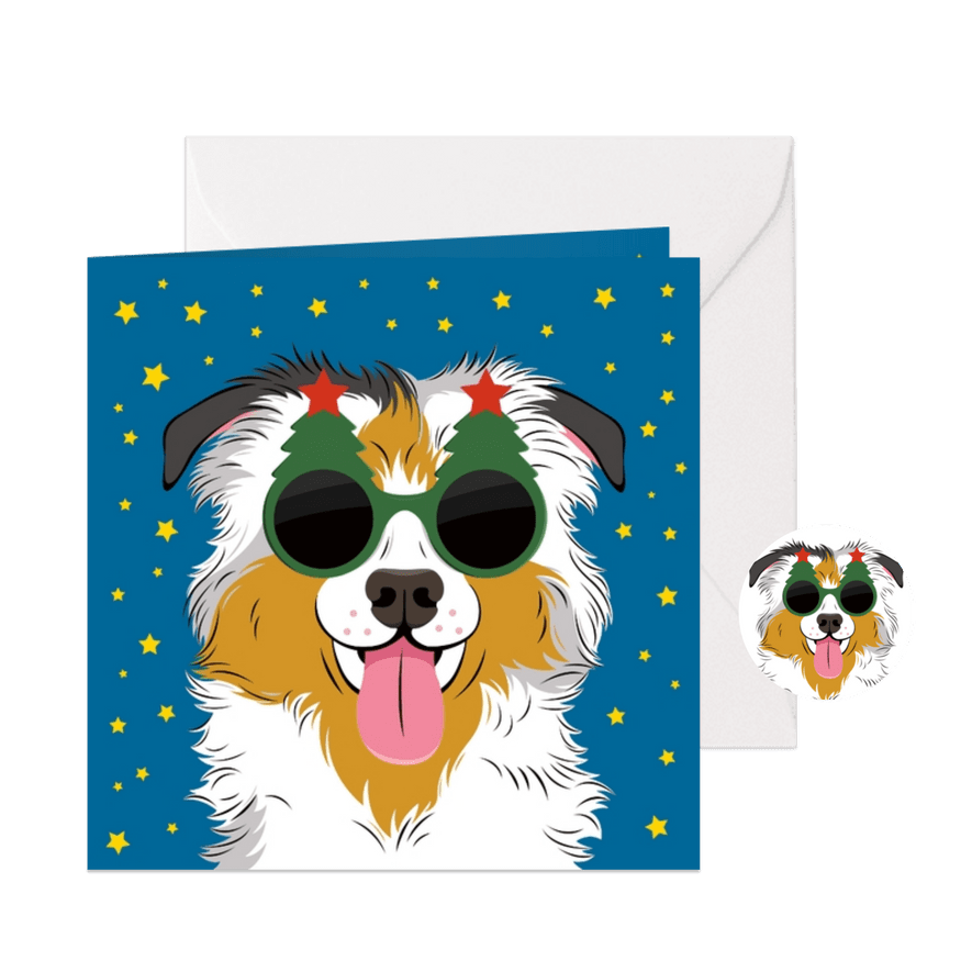 Stoere kerstkaart met hond met zonnebril - Kaartimpressie