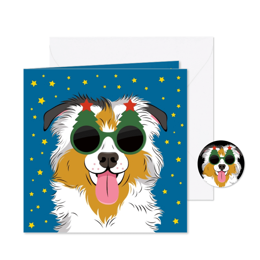 Stoere kerstkaart met hond met zonnebril - Kaartimpressie