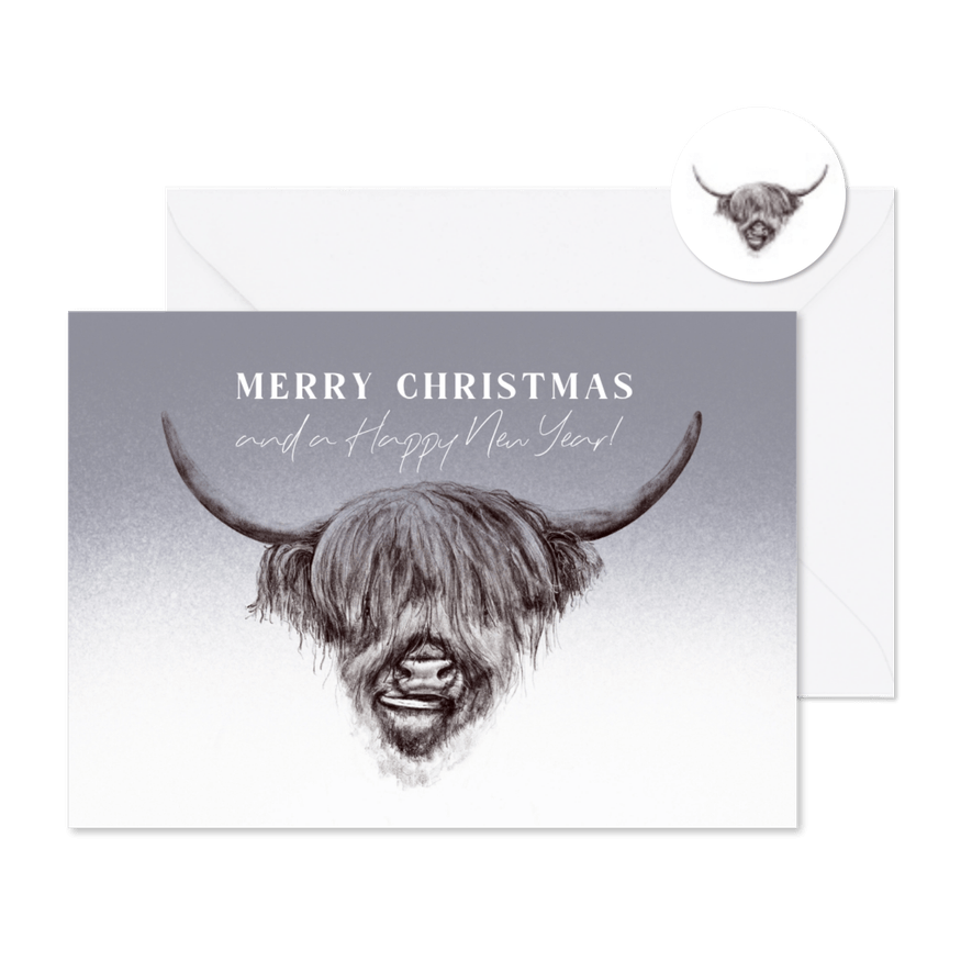 Stoere kerstkaart met potloodtekening Schotse hooglander - Kaartimpressie