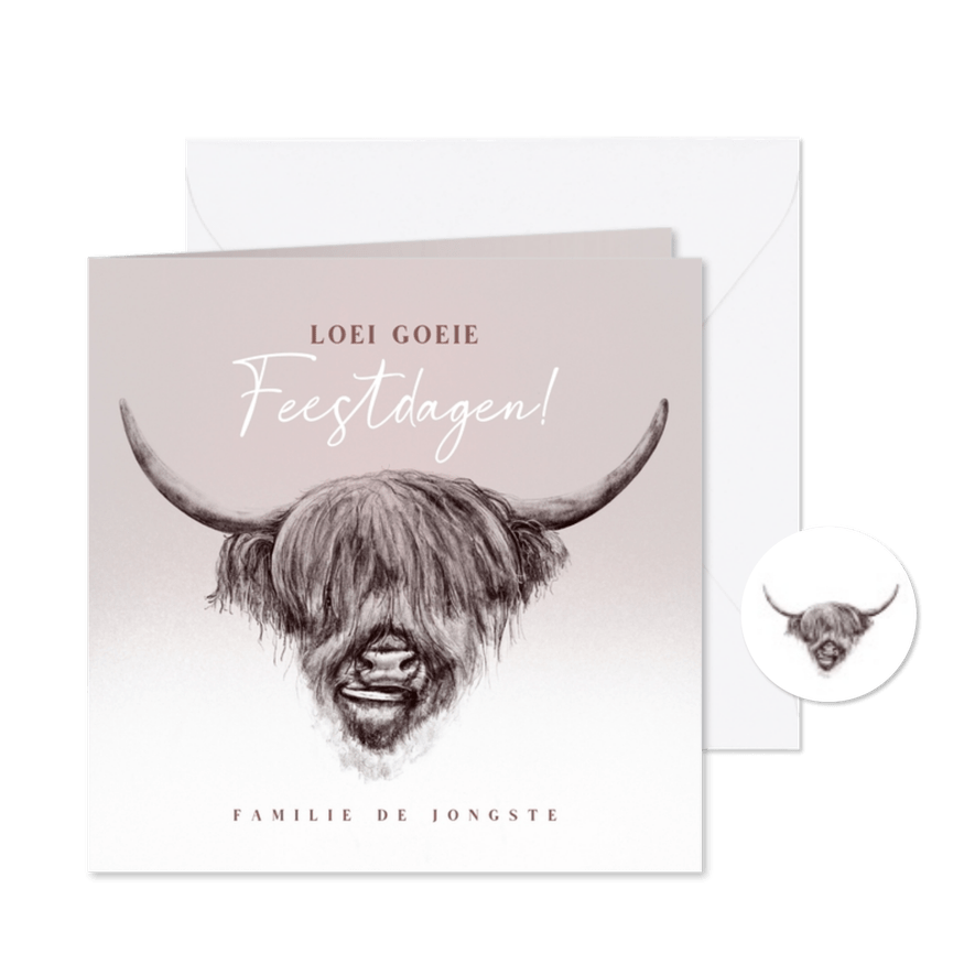 Stoere kerstkaart potloodtekening Schotse hooglander - Kaartimpressie