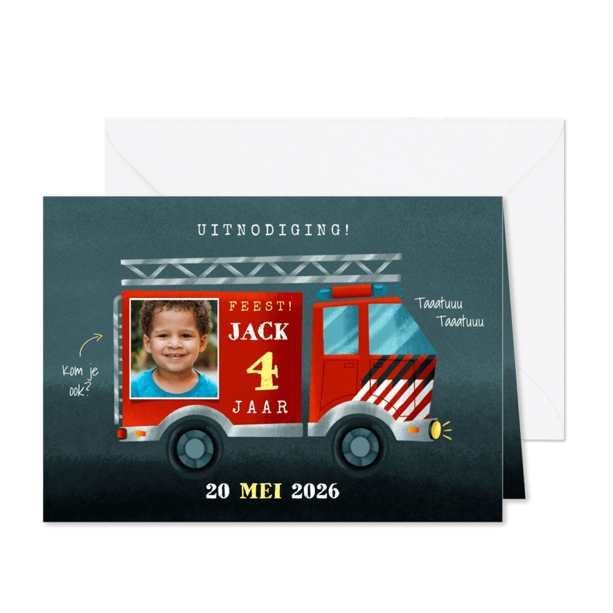 Stoere kinderfeestje kaart brandweerauto, foto en leeftijd - Kaartimpressie