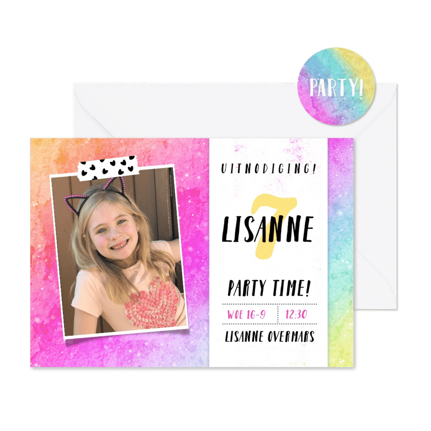 Stoere kinderfeestje uitnodiging met regenboog achtergrond - Kaartimpressie