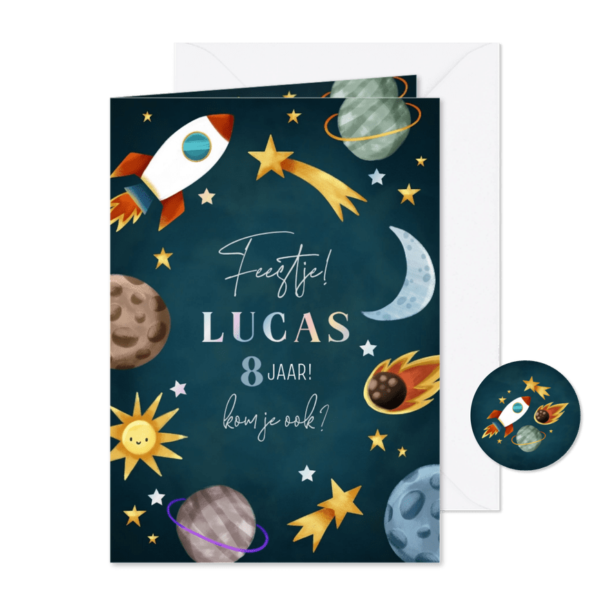 Stoere kinderfeestje uitnodiging ruimte met raket & planeten - Kaartimpressie
