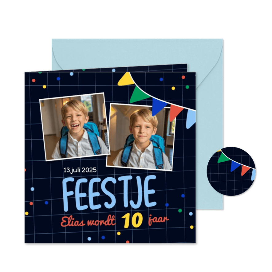 Stoere kinderfeestje uitnodiging zwart met vlaggetjes - Kaartimpressie