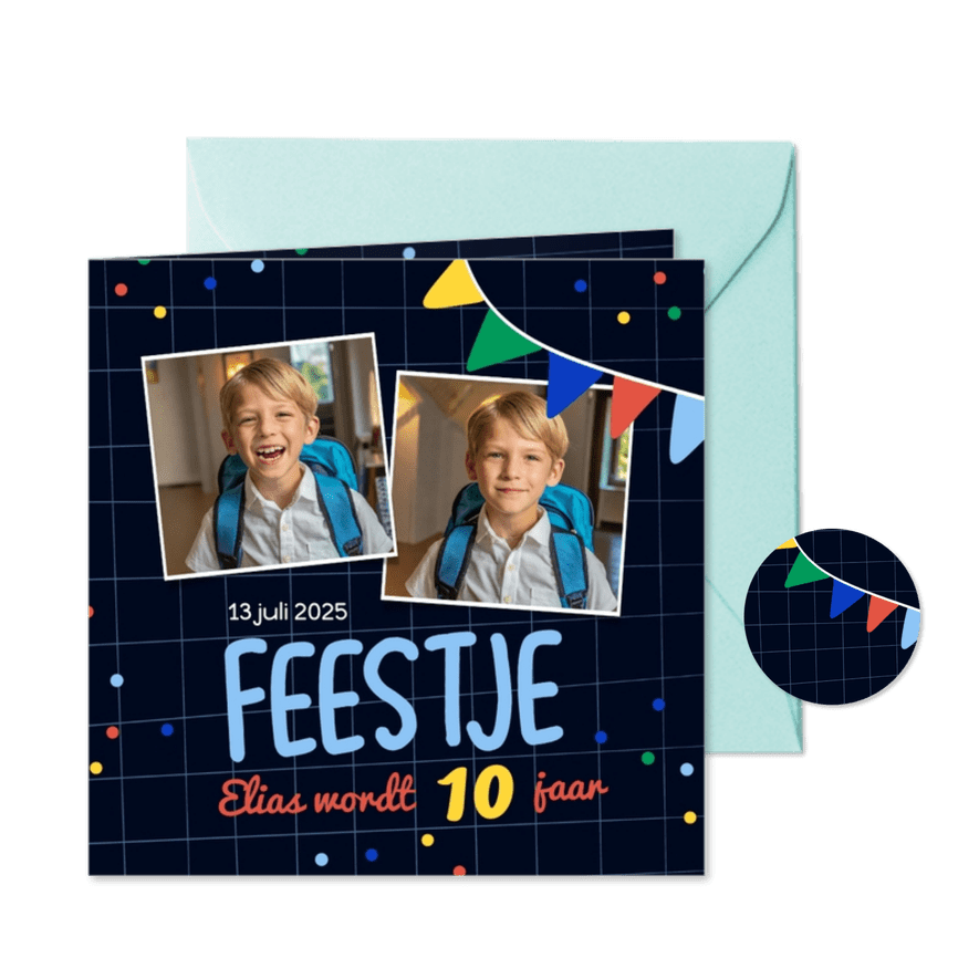 Stoere kinderfeestje uitnodiging zwart met vlaggetjes - Kaartimpressie