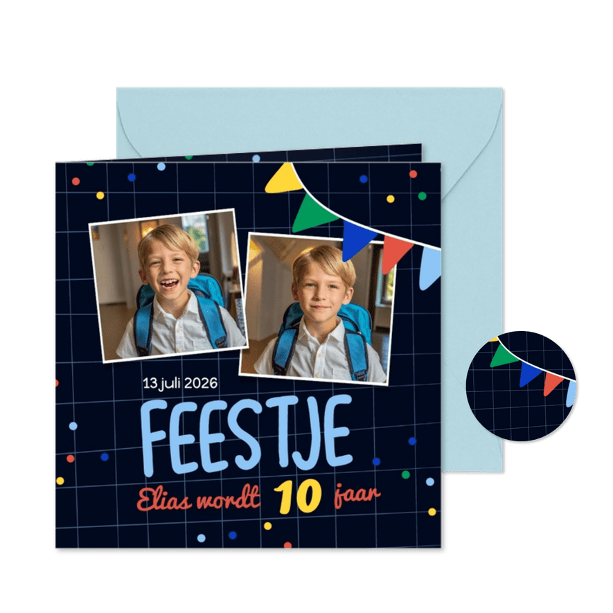 Stoere kinderfeestje uitnodiging zwart met vlaggetjes - Kaartimpressie