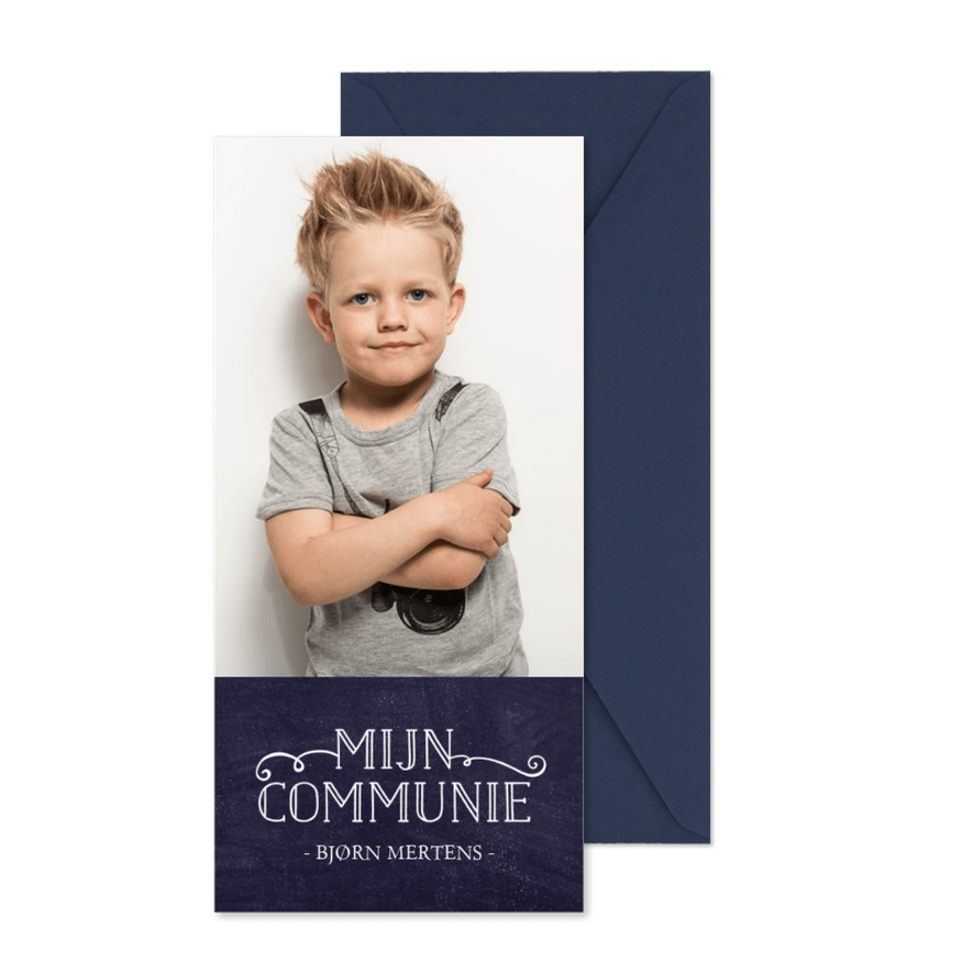 Stoere langwerpige communie uitnodiging voor een jongen - Kaartimpressie