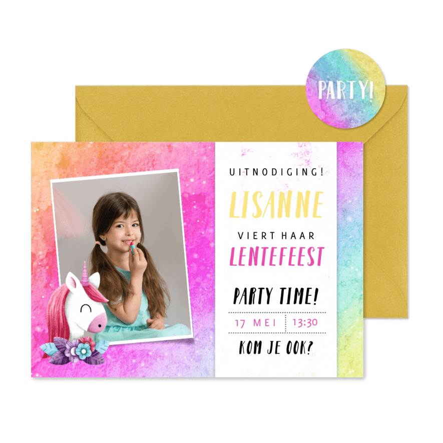 Stoere lentefeest uitnodiging met regenboog achtergrond - Kaartimpressie