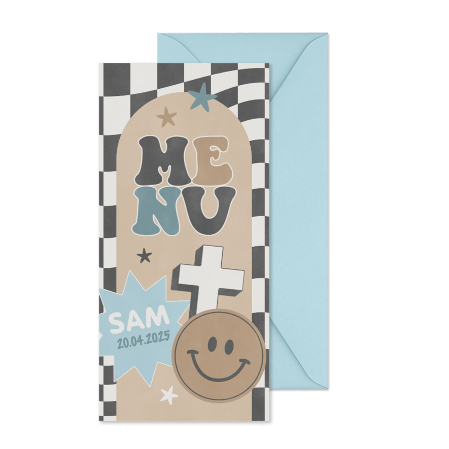 Stoere menukaart eerste communie smiley stickers en blokjes - Kaartimpressie