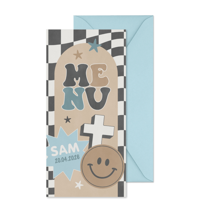 Stoere menukaart eerste communie smiley stickers en blokjes - Kaartimpressie