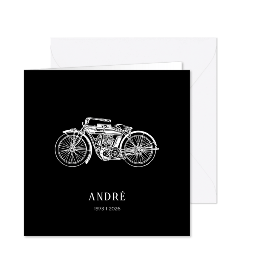 Stoere minimalistische rouwkaart voor een motorliefhebber - Kaartimpressie