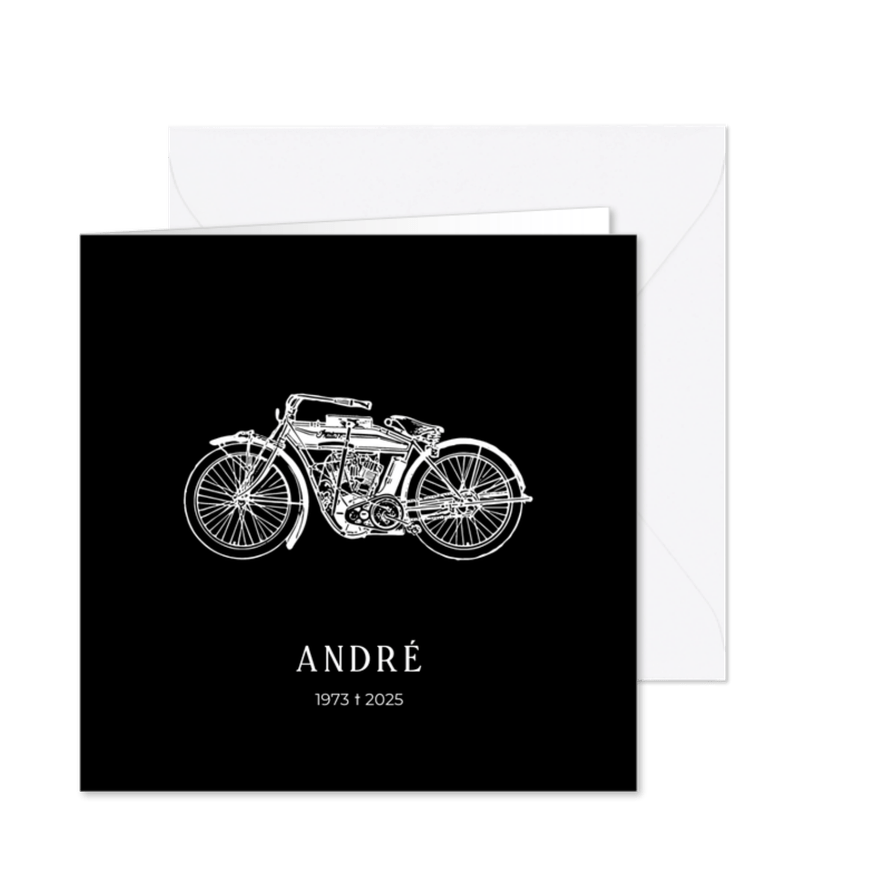 Stoere minimalistische rouwkaart voor een motorliefhebber - Kaartimpressie