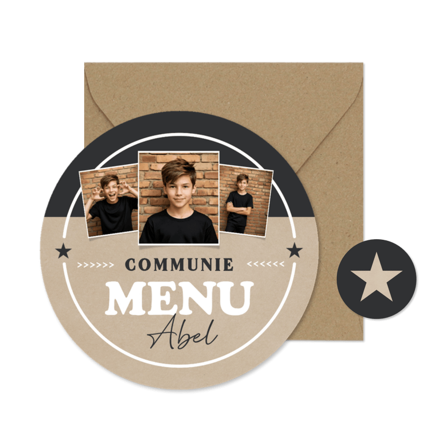 Stoere ronde menukaart communie jongen kraftlook - Kaartimpressie