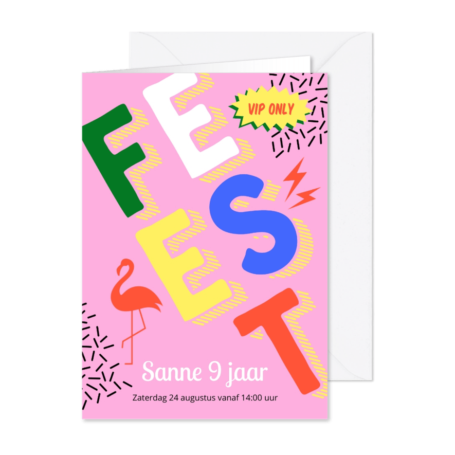 Stoere roze retro uitnodiging kinderfeestje meisje - Kaartimpressie