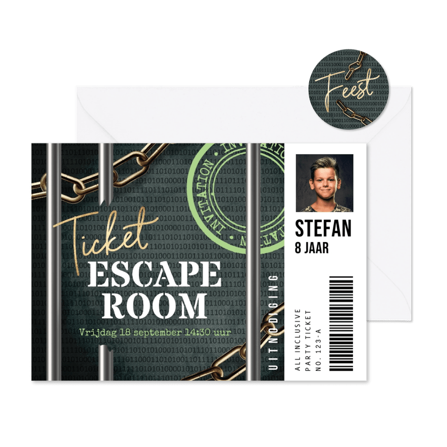 Stoere ticket uitnodiging escape room kinderfeestje jongen - Kaartimpressie