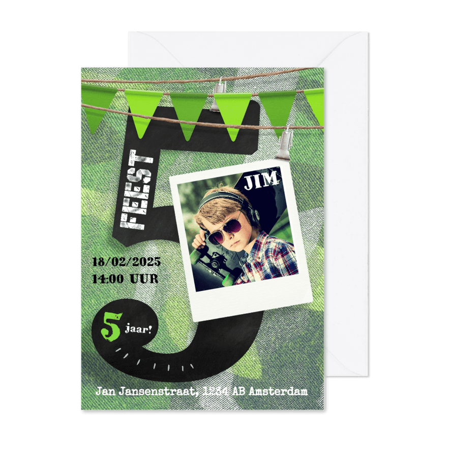 Stoere uitnodiging 5 jaar jongen - Kaartimpressie