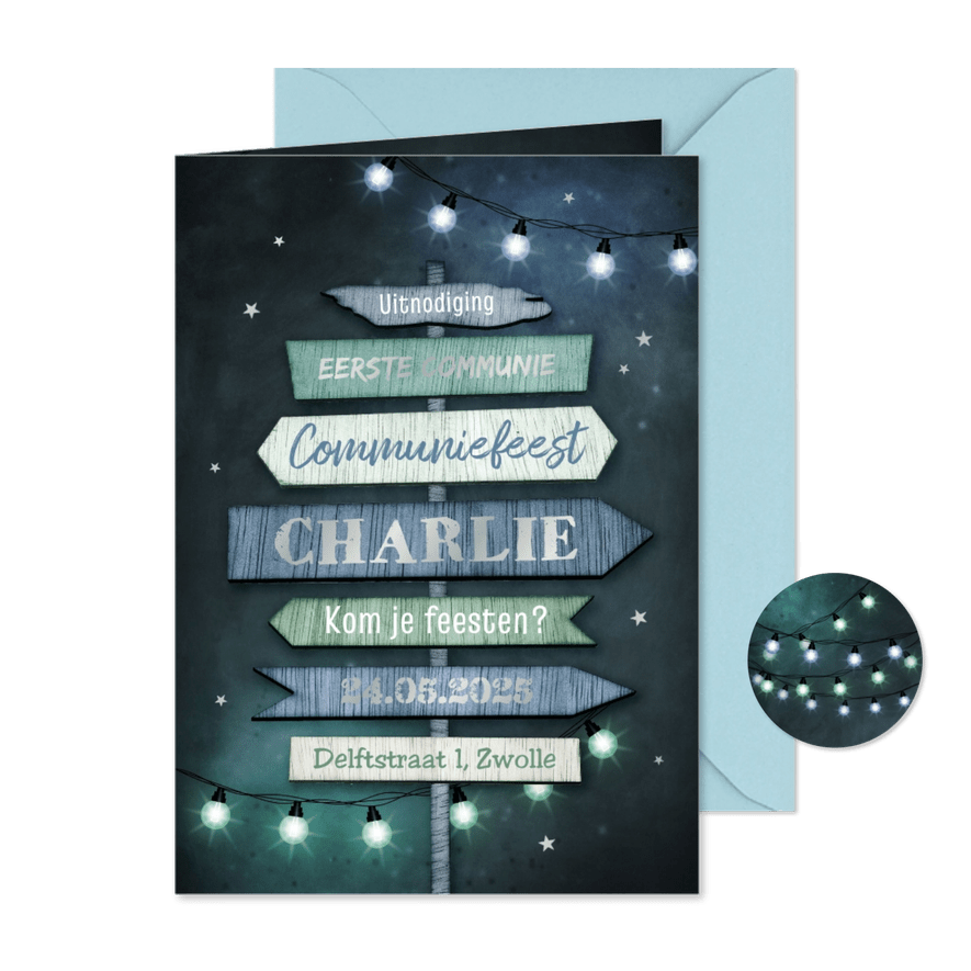 Stoere uitnodiging communie lentefeest wegwijzers lampjes - Kaartimpressie