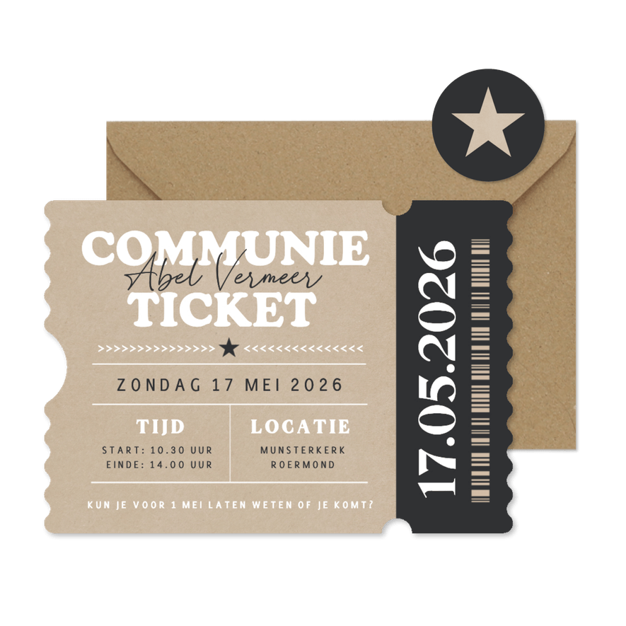 Stoere uitnodiging communie ticket vorm met kraft - Kaartimpressie