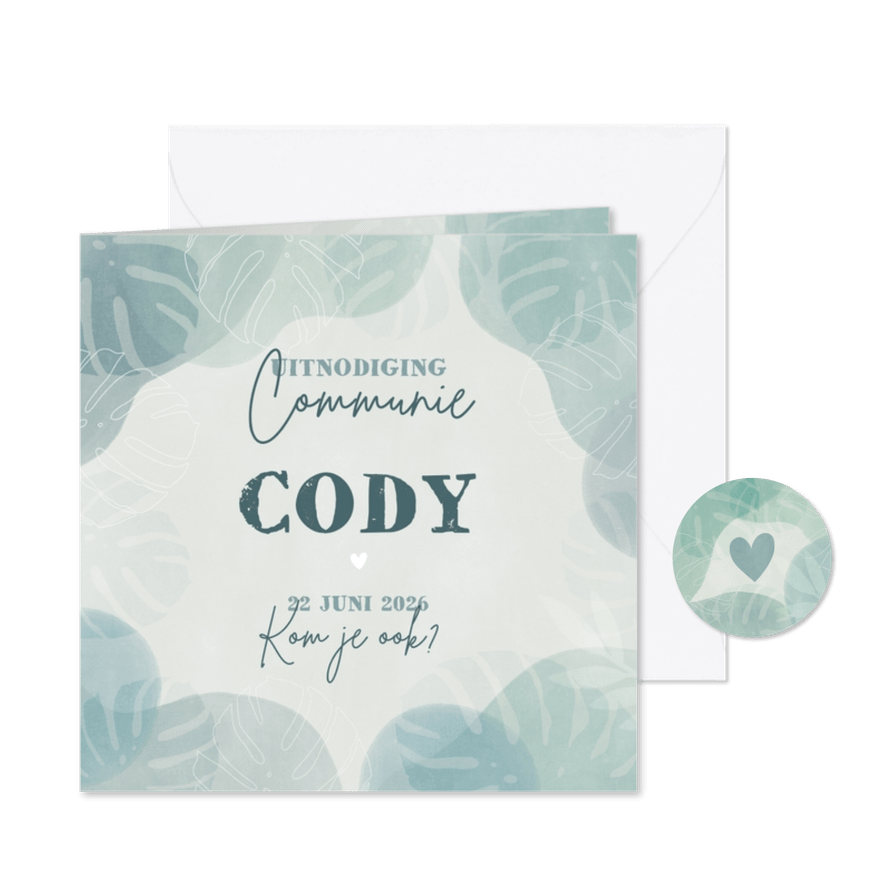 Stoere uitnodiging eerste communie jungle hartjes en blobs - Kaartimpressie