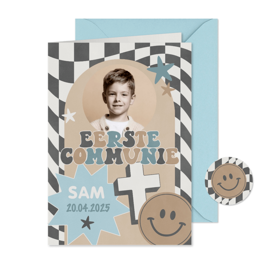 Stoere uitnodiging eerste communie stickers en blokjes - Kaartimpressie