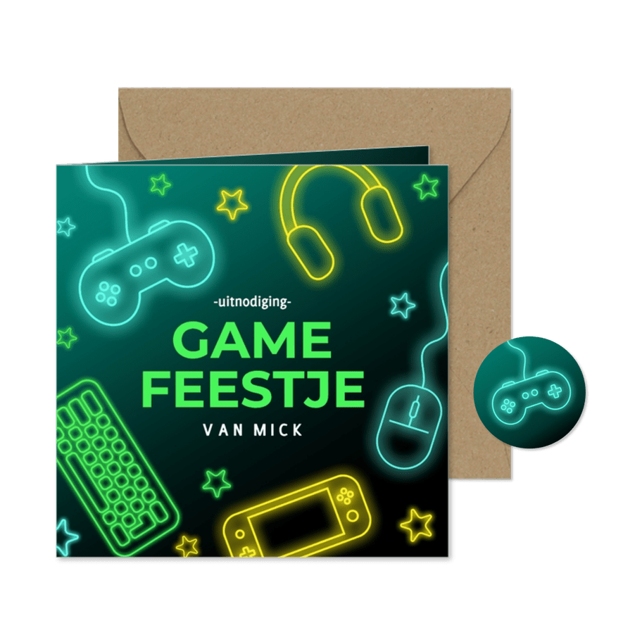 Stoere uitnodiging game feestje met neon illustraties - Kaartimpressie