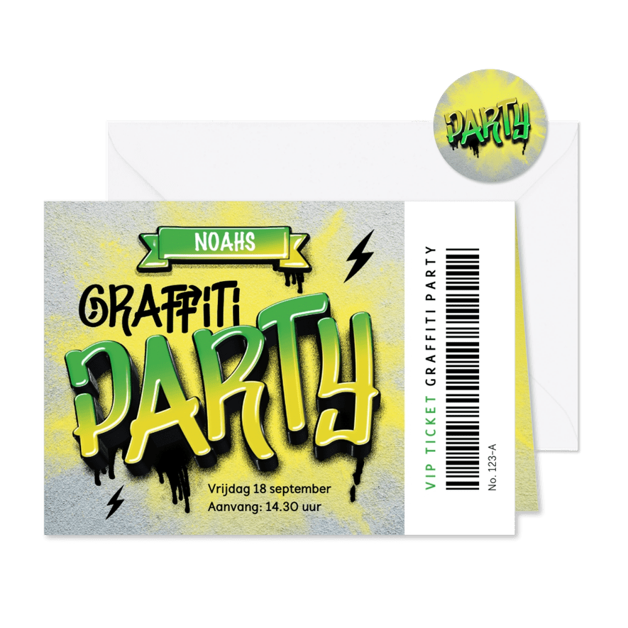Stoere uitnodiging kinderfeestje graffiti ticket - Kaartimpressie