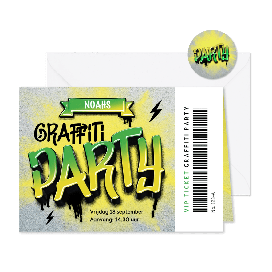 Stoere uitnodiging kinderfeestje graffiti ticket - Kaartimpressie