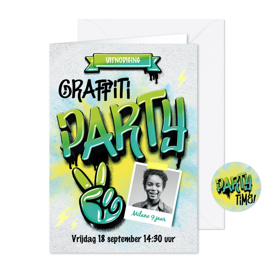 Stoere uitnodiging kinderfeestje graffiti voor een jongen - Kaartimpressie