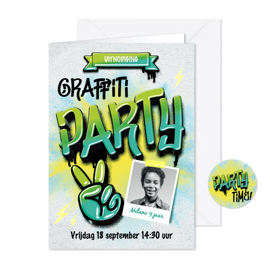 Stoere uitnodiging kinderfeestje graffiti voor een jongen - Kaartimpressie