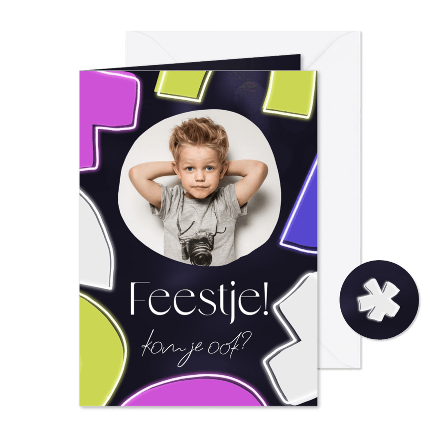 Stoere uitnodiging kinderfeestje met abstracte vormen neon - Kaartimpressie