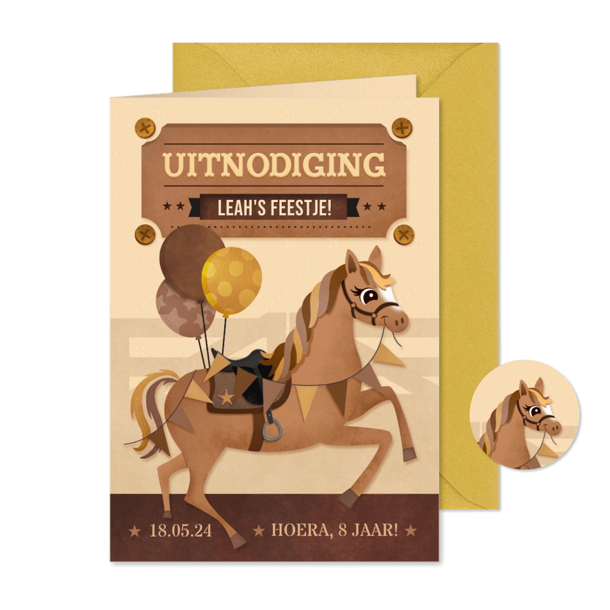 Stoere uitnodiging kinderfeestje paardrijden met lief paard  - Kaartimpressie