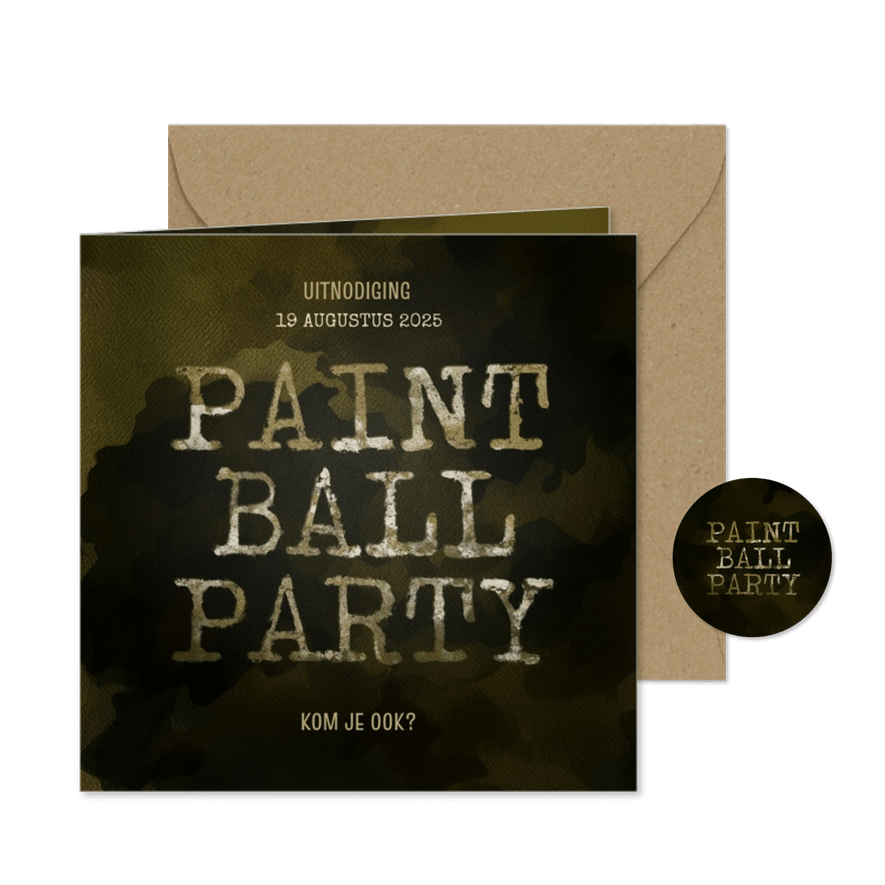 Stoere uitnodiging kinderfeestje paintballparty camouflage - Kaartimpressie