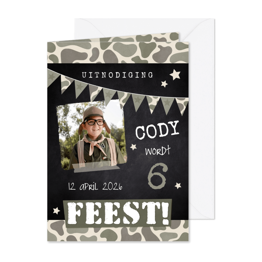 Stoere uitnodiging kinderfeestje survival en leger thema - Kaartimpressie