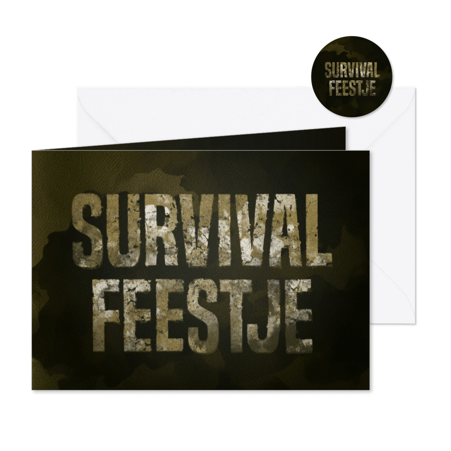 Stoere uitnodiging kinderfeestje survival legerkleuren - Kaartimpressie