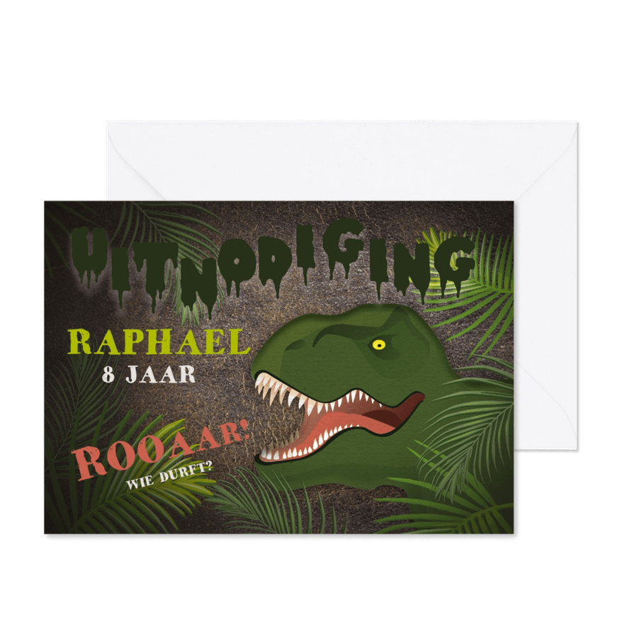 Stoere uitnodiging kinderfeestje t-rex jungle - Kaartimpressie