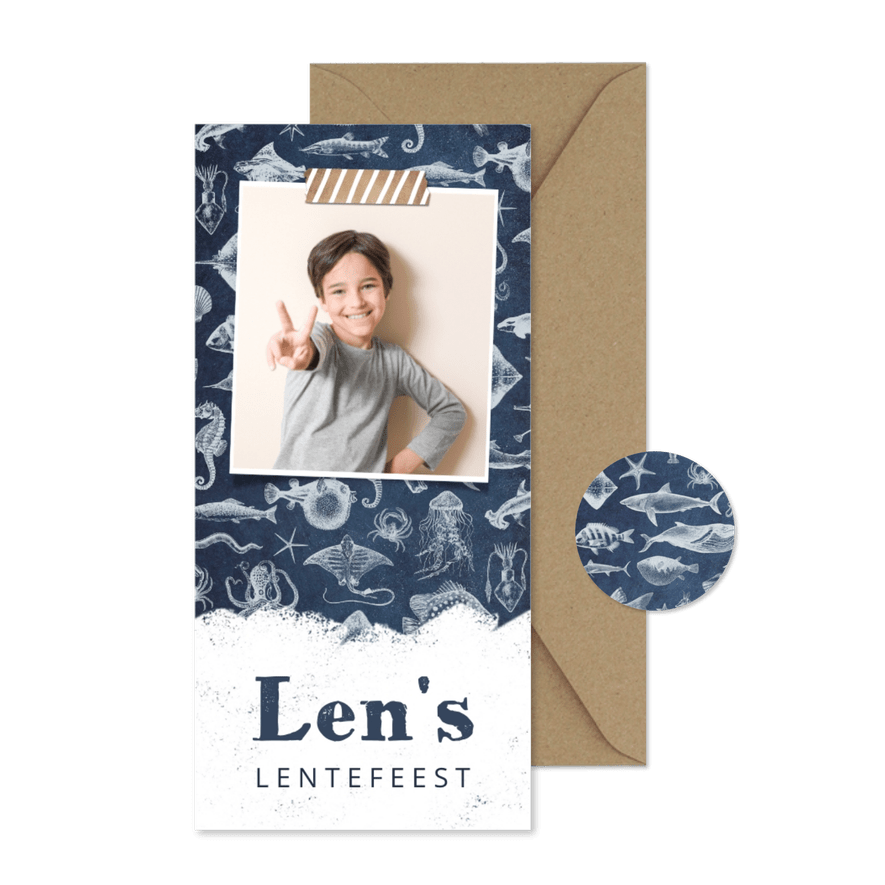 Stoere uitnodiging lentefeest met zeedieren en foto - Kaartimpressie